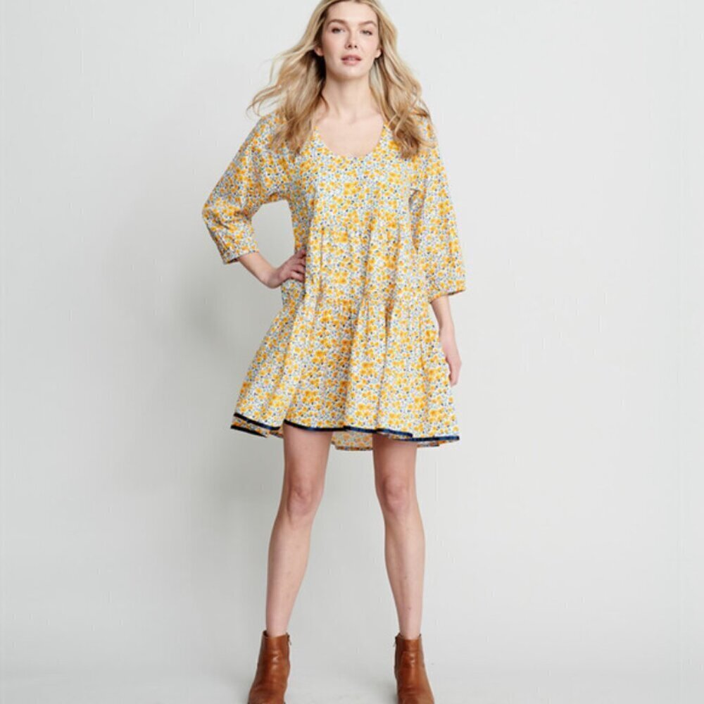 Pink Chicken Yellow and Blue Michelle Floral Dress XS